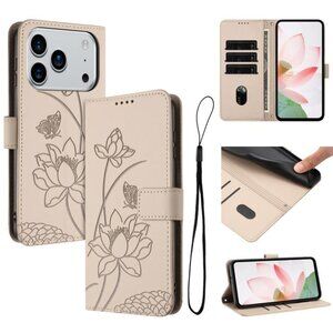For iPhone 17 Pro Max Lotus Embossed Leather Phone Case with Lanyard(Beige)